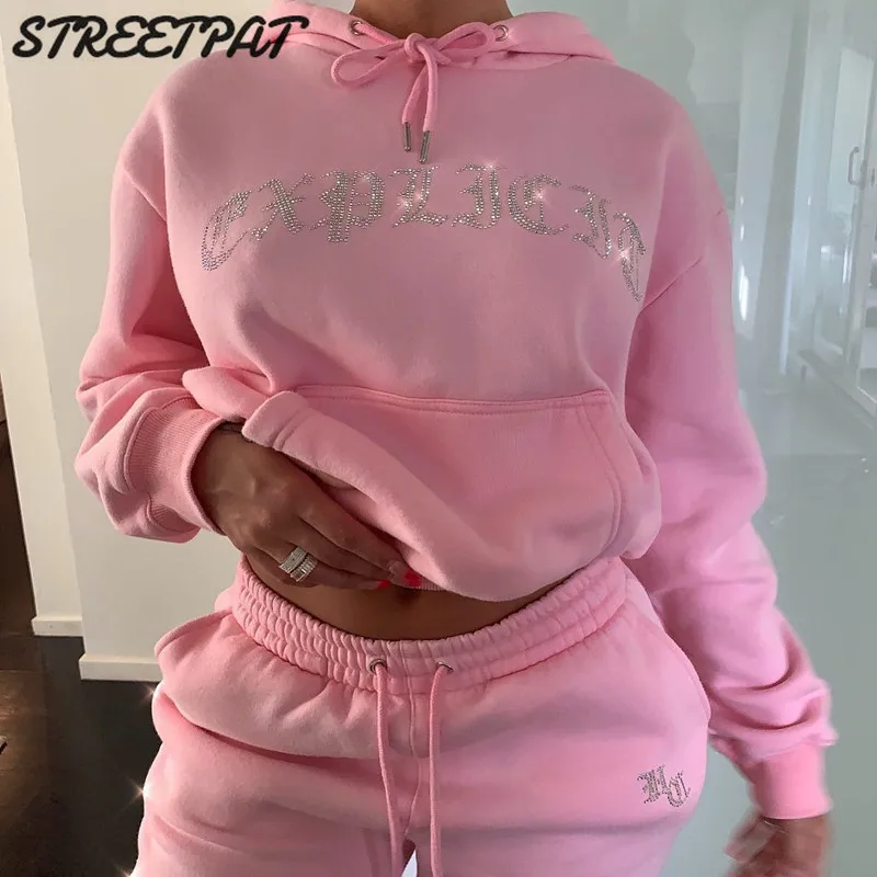 Diamonds Tracksuit 2 Piece Set Women Hoodies Sweatshirt Sweatpants Joggers Sport Pant Suits Femme Outfits Sweatsuits Streetwear