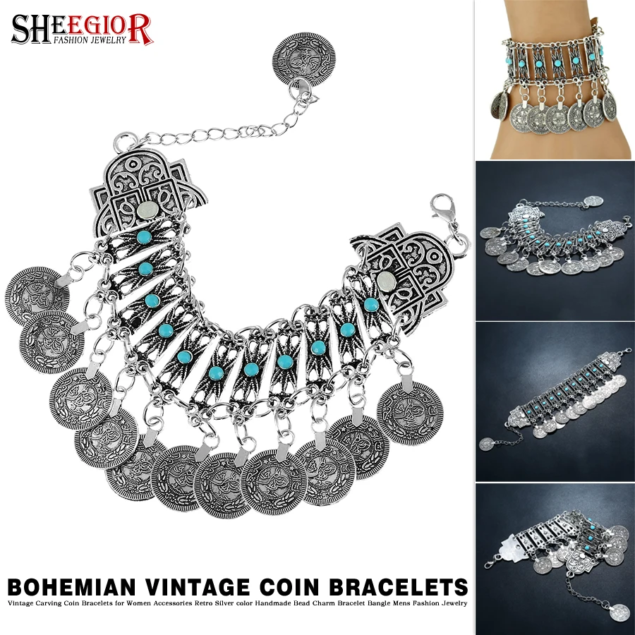 Женский винтажный браслет с бусинами ручной работы серебристого цвета|Браслеты