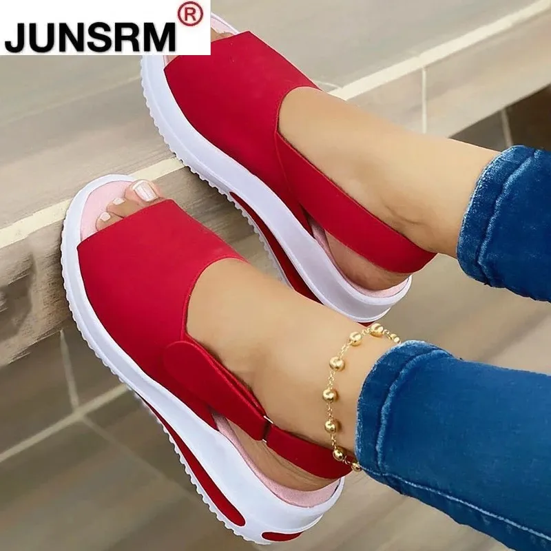 

Summer Spring Casual Women Beach Sandals Peep Toe Wedge Shoes Woman Buckle Flats Platform Flock Female Ladies Shoes Hoop Loop