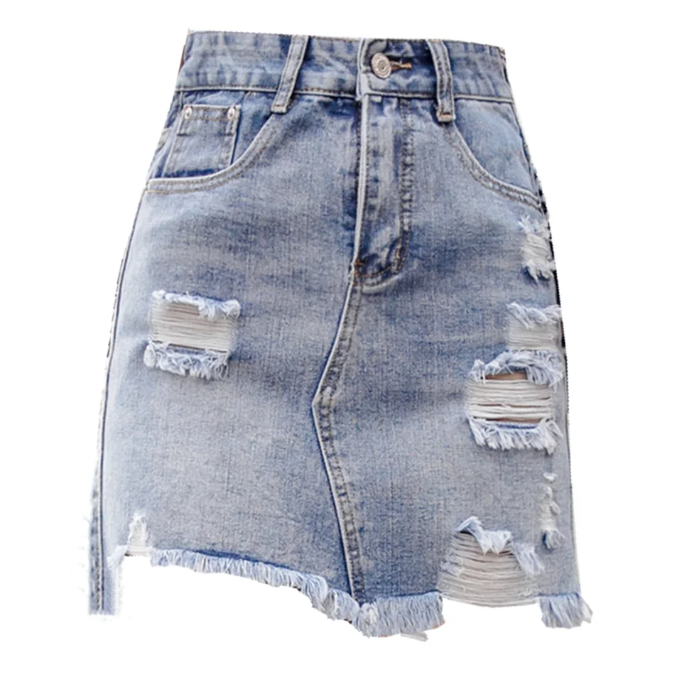 

Korea Hole Tassel Asymmetrical Denim Skirt Women High Waist Slim Jean Skirt Zipper Pocket Elegant Package Hip Jeans Skirts