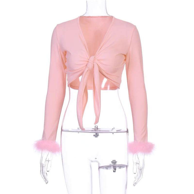 

Hugcitar 2021 long sleeve fur V-neck wrapped bandage sexy crop tops autumn winter women streetwear club party outfits T-shirts