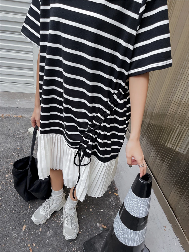 

Plus Size L-3XL Stripe Splicing Pleated Dress Women Summer Short Sleeves Loose Korean Casual Female Dresses Cute vestidos