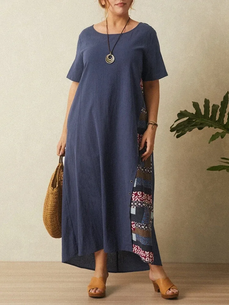 

2021 summer new round neck Pullover short sleeve loose size women's long dress elegant vestido fashion beach women woman lady