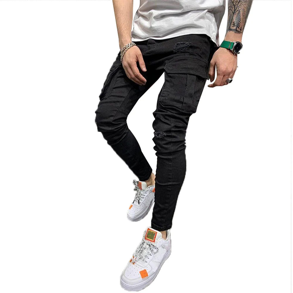 Джинсы карго мужские с карманами узкие пикантные брюки дырками из денима