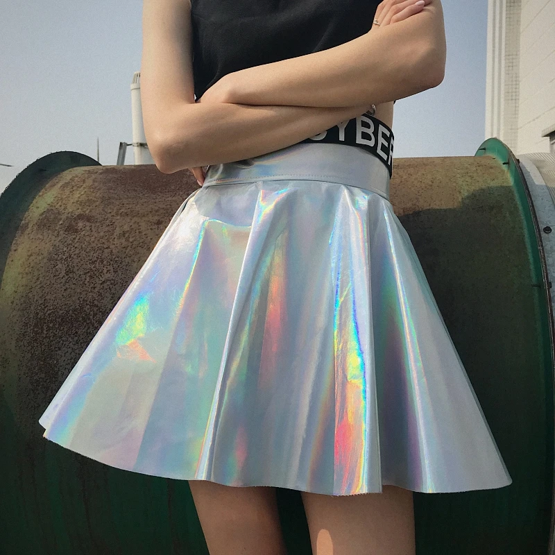 Фото Лазерная голограмма трапециевидная форма ирриценты юбки Лолиты с высокой талией