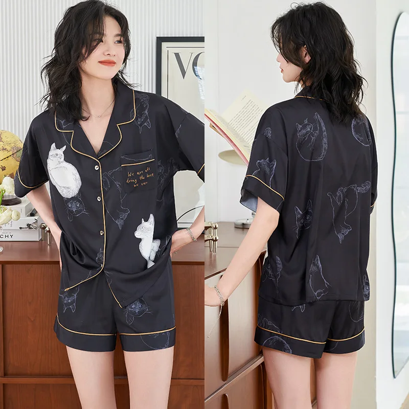 Roseheart New Black Women's Sleep Nightwear Suits Pajama Sets Sleepwear Printed Suits Faux Silk Plus Size Nightgown 2 Pieces