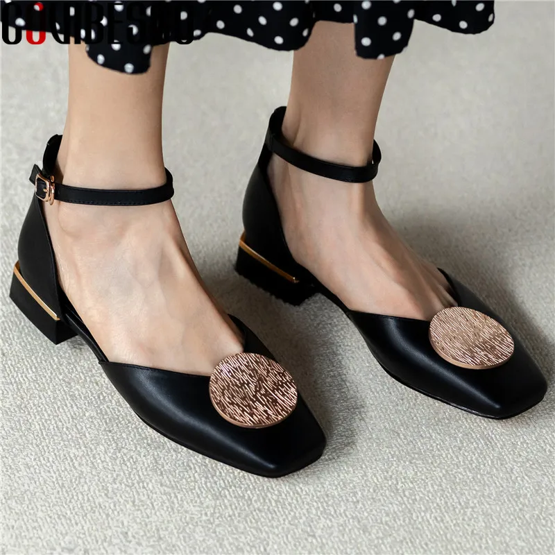 

COVIBESCO Women 2021 New Arrival Sweet Thick Heel Party Shoes Popular Square Toe Genuine Leather Sandals Thick Heels Shoes Woman