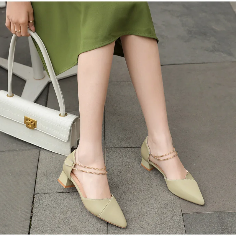 

Women Pumps Office Pu Mid Heels Pointed Toe Ladies Shoes Fashion Elastic Band Female Two Piece Sandals Chunky Heel Casual 2021