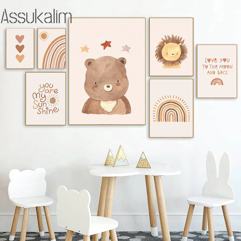 

Boho Prints Bear Lion Canvas Painting Sun Rainbow Posters Nordic Poster Nursery Paintings Cartoons Wall Pictures Baby Room Decor