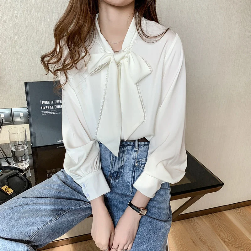 

Women Blouses Solid Autumn n Style Bow Knot Loose Leisure Elegant OL Style Ladies Plus Size Satin Shirts Fashion Street New