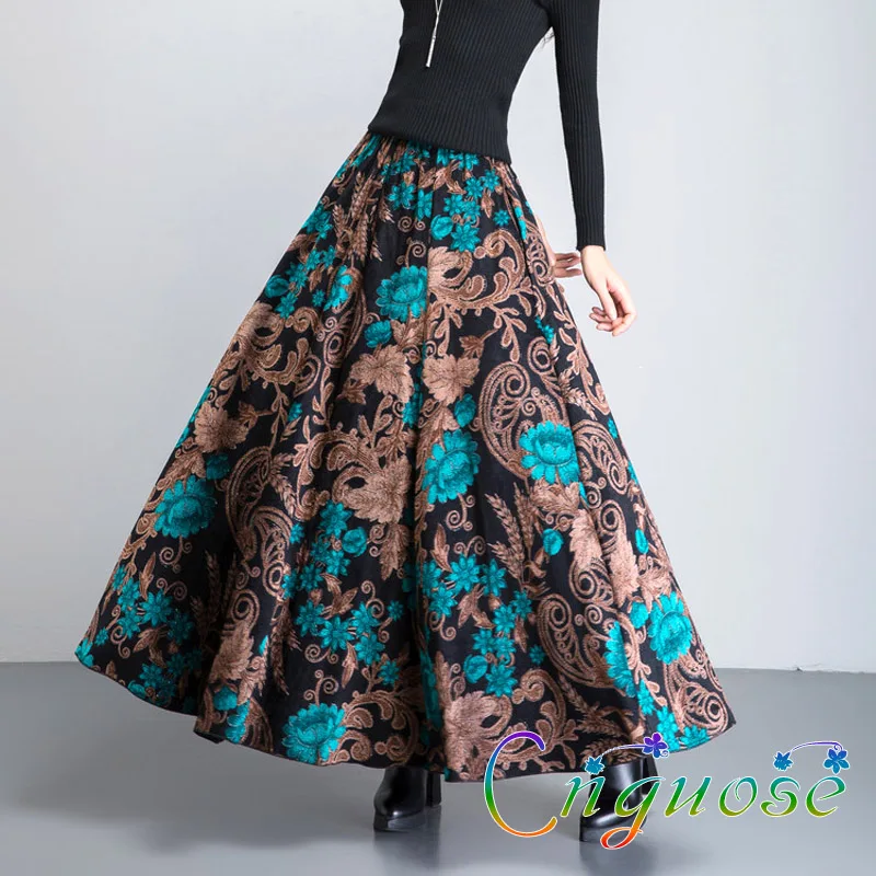 Юбка женская трапециевидная шерстяная в стиле Харадзюку с цветочным принтом