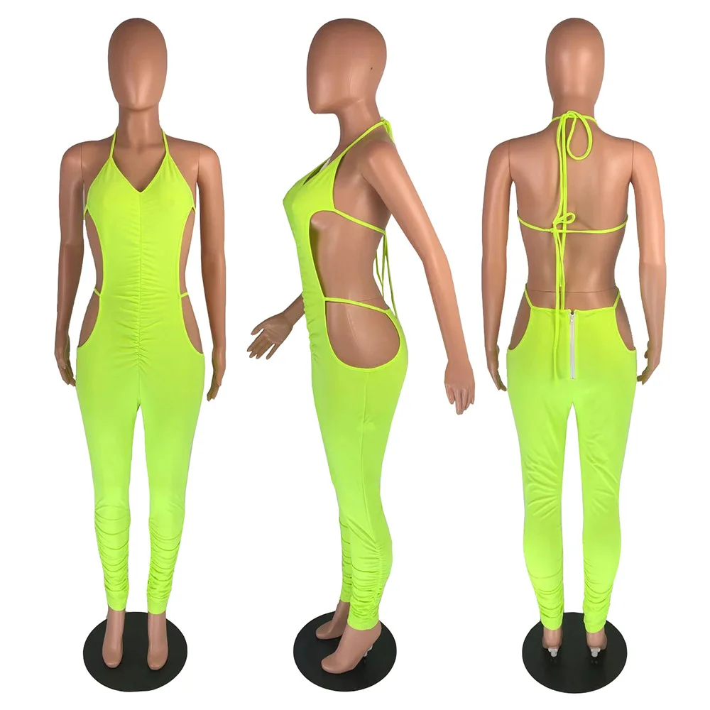 

Sexy Solid Lace Up Hollow Out Halter Party Club Skinny Jumpsuit Women Summer Outfit Backless Bandage Rompers Fitness Overalls