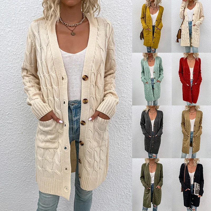 European and American Women's Knit Sweater Autumn and Winter 2021 Long Twist Sweater Single Row Button Cardigan