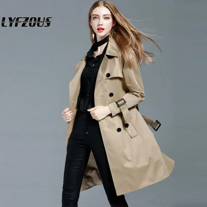 Тренчкот женский двубортный модная облегающая ветровка средней длины пальто