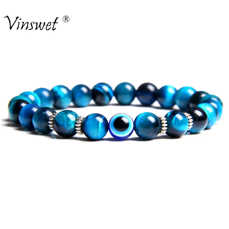 

Men Bracelets Evil Eye Bracelet For Women Natural Polished Stone Beads Bracelets Men Blue Tiger Eye Pulsera Erkek Bileklik Homme