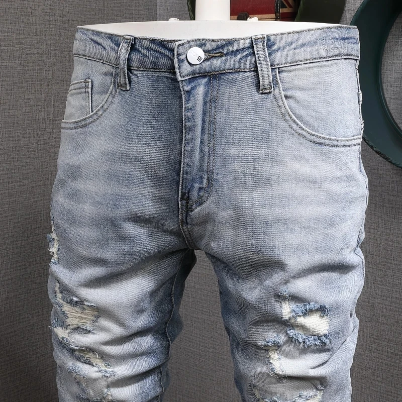 European American Street Fashion Men Jeans Retro Light Blue Slim Fit Ripped Jeans Men Korean Style Destroyed Denim Pencil Pants