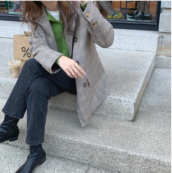 

New suits Female Vintage Autumn Office Ladies Notched Collar Plaid Women Blazer Breasted Jacket Casual Pockets Female Suits Coat