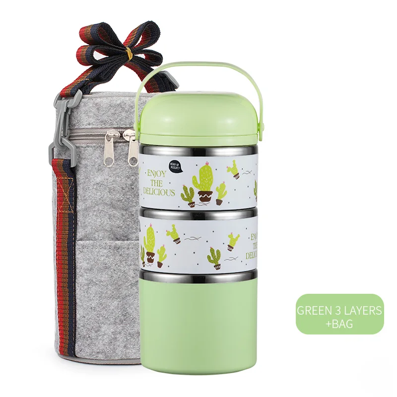 Green 3 Layer Set WORTHBUY милый японский термальный Ланч-бокс герметичный из нержавеющей стали Bento box детский портативный контейнер для еды для пикника и школы - Цвет: Green 3 Layer Set