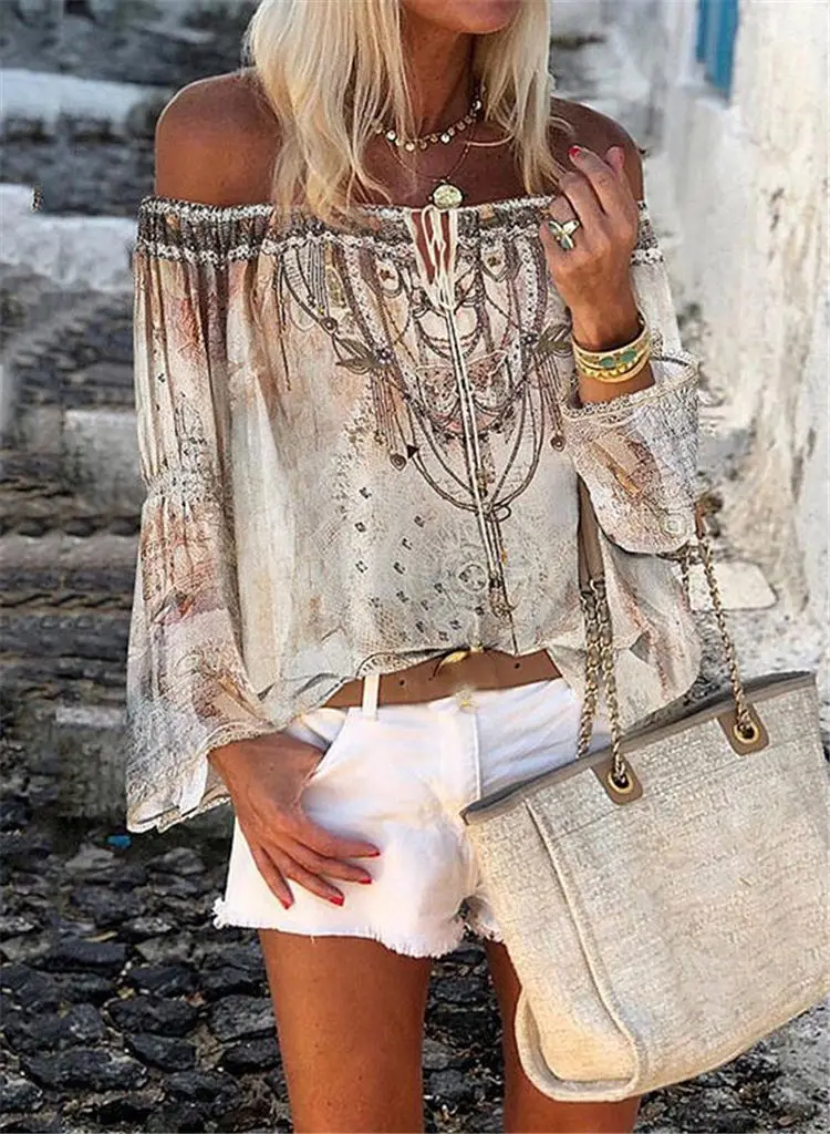 

plus size blouses for women 4xl 5xl 6xl,Summer sexy off shoulder slash neck flare sleeve tassel printed blouses plus size tops
