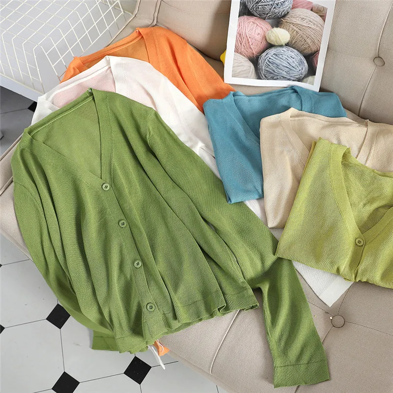 Женский короткий кардиган повседневный Свободный вязаный из тонкого шелка жакет