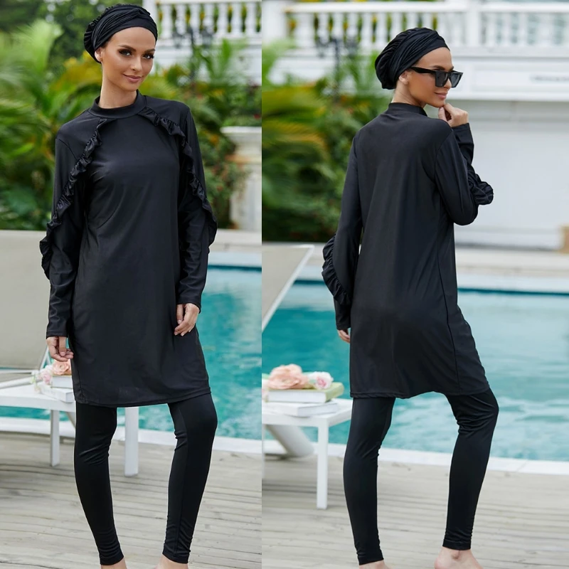 

Women's Modest Swimsuits Muslim Swimwear Hijab Swimsuit Islamic Short Sleeve Swimming Sets Black Three-Piece Swimsuit