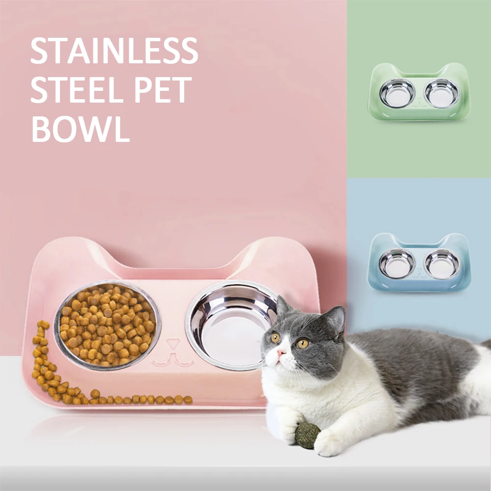 

Double Pet Bowls Cat Food Water Feeder Cute Stainless Steel Pet Drinking Dish Feeder Cat Puppy Feeding Supplies Small