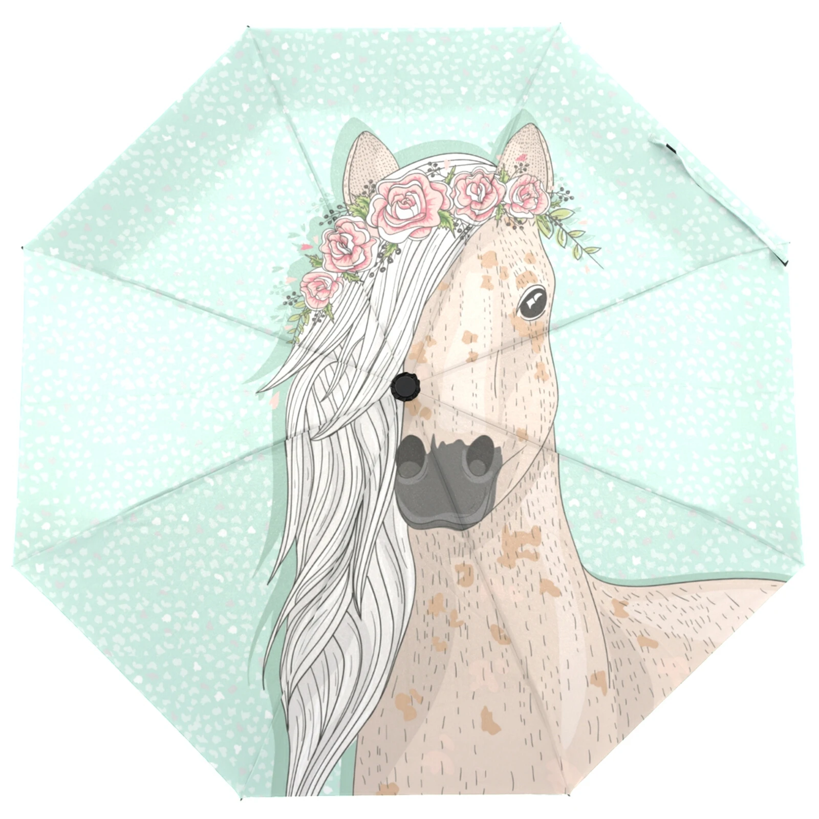 Портативный полностью автоматический зонт с рисунком цветов и лошадей женский