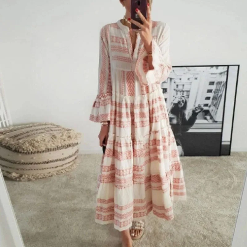 

Vintage Floral Print Flare Sleeve Party Dress Women 2021 Spring V-neck Button Long Dress Casual Loose Summer Beach Dress Vestid