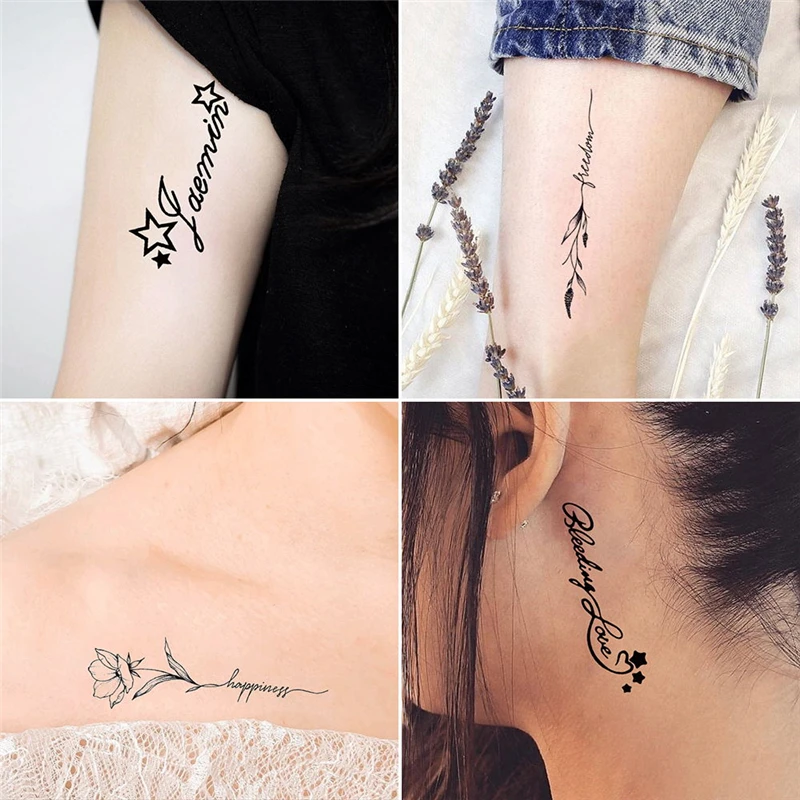 Ankle Black Flower Flash Waterproof Fake Tattoos Temporary Sticker Women English Letter Tattoo Stickers Men And Women Body Art