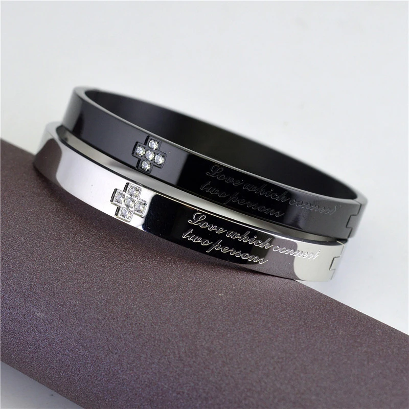 

Elegant 8mm Stainless Steel Couple Bangles For Women Bridal Jewelry Fashion Cross Bracelets With Cubic Zirconia Pulseras Mujer
