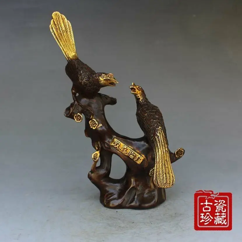 

Decoration Old Chinese Brass gilt hand-carved FENGSHUI magpie statue