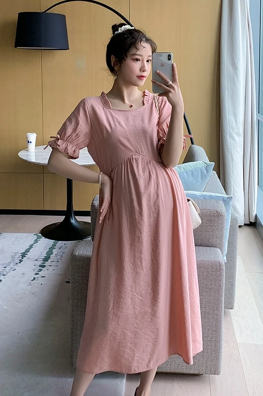 

5517# 2021 Summer Pink Cotton Maternity Long Dress Elegant Sweet A Line Loose Clothes for Pregnant Women Pregnancy Party Dresses