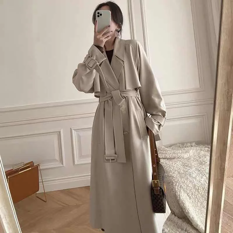 

Windbreaker Women's Long Over The knee Jacket With Belt Abrigo Mujer Wide Waisted Type Coats