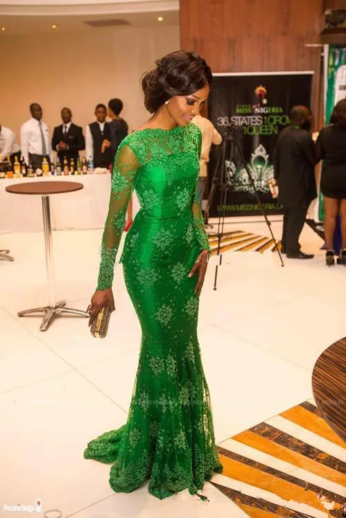 

Green Formal Celebrity Dresses Mermaid Long Sleeves Appliques Lace South African Long Evening Dresses Famous Red Carpet Dresses
