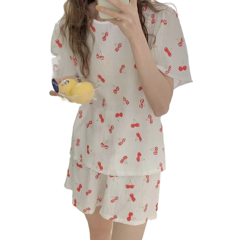 

Marple breathable 100% cotton sleepwear summer women pajama set short sleeve tops shorts cherry print homewear comfortable korea