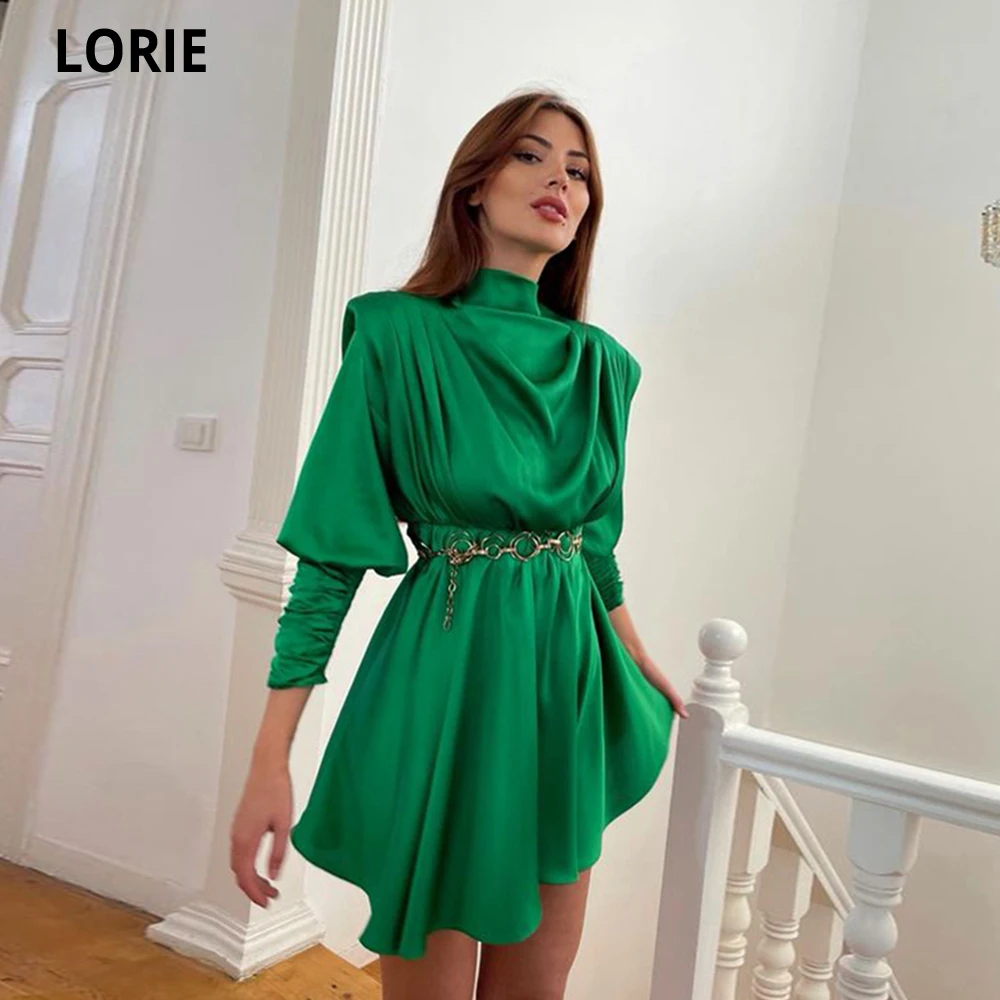 

LORIE Green High Neck Satin Prom Dresses Short Puff Sleeves Above Knee Cocktail Party Gown Beach Summer Homecoming Dress
