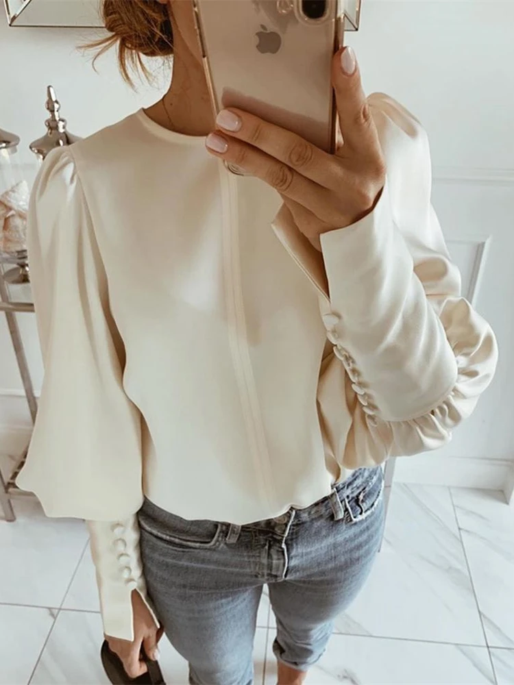 Однотонная блузка с круглым вырезом и рукавом воздушным шаром женский