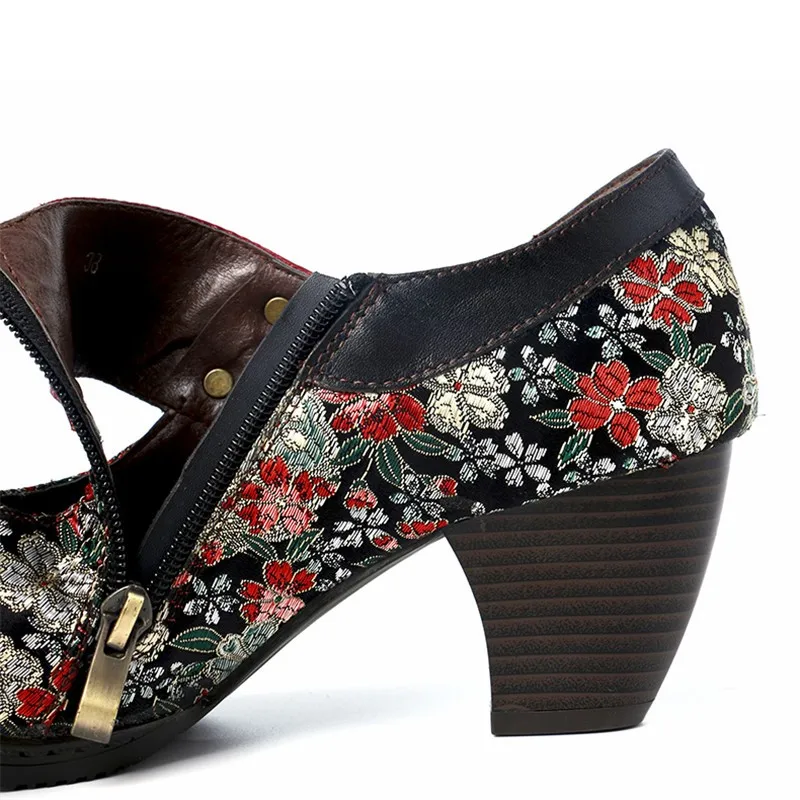 

Johnature Retro Women Shoes Genuine Leather High Heels Embroidery Cloth Hook & Loop Handmade Concise Sewing Leisure Ladies Shoes