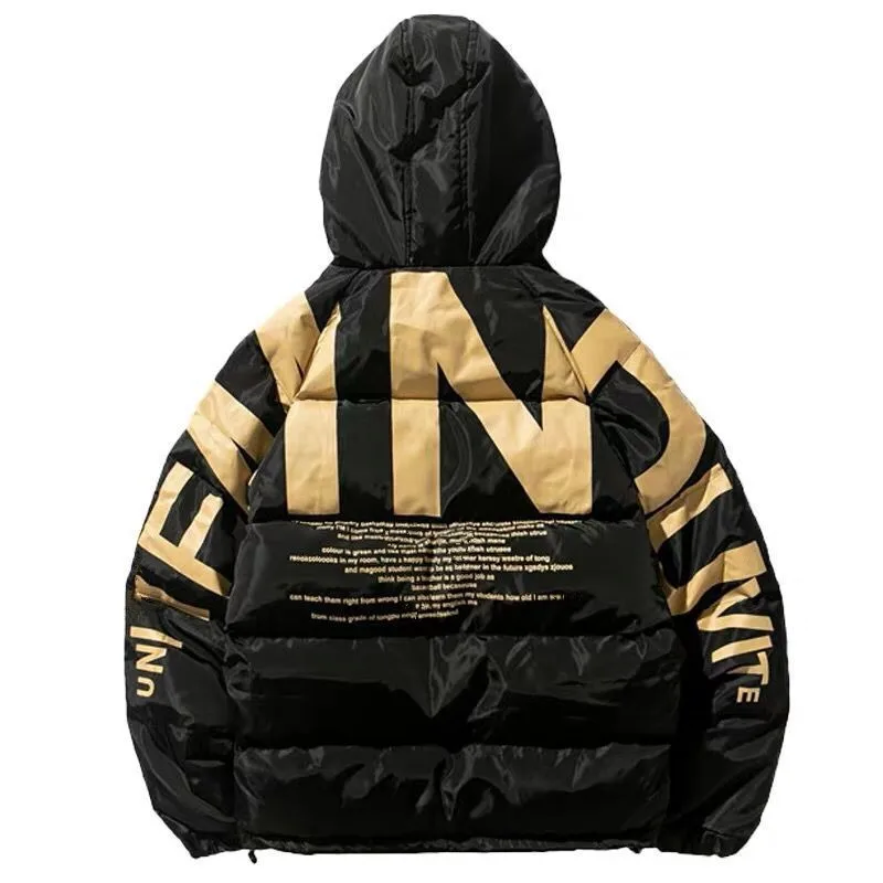 

Harajuku Lovers Winter Thick Warm Loose Fit Hooded Jacket Printed Red Black Mens Parkas Fashion Men Cargo Overcoat Cold Jackets