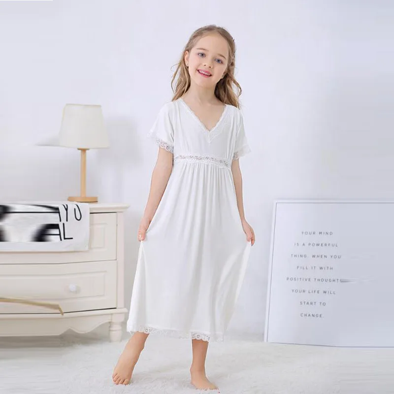 Летняя кружевная ночная рубашка для девочек белая хлопковая мягкая длинная