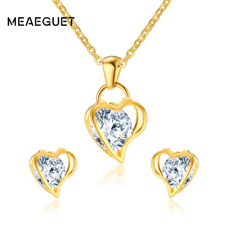 Полые сердца внутри AAA + CZ камень комплект ювелирных изделий ожерелье и серьги