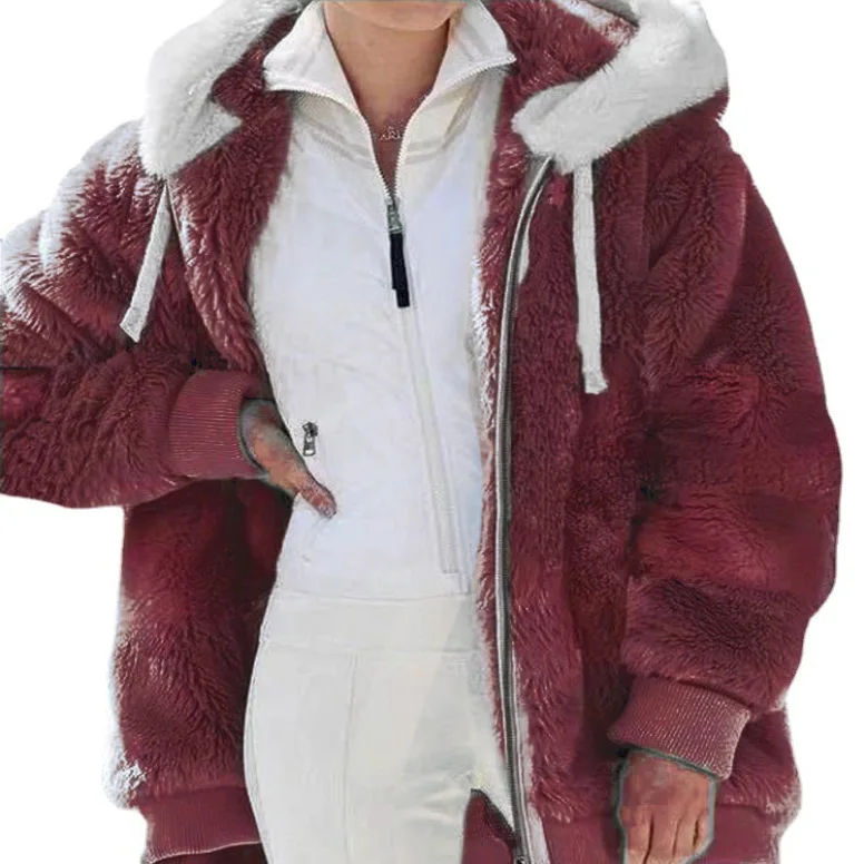 Best Selling New Autumn and Winter Loose Plush Zipper Hooded Coat Women.Coats and Jackets Women  Pink Jacket  Winter Coat Women