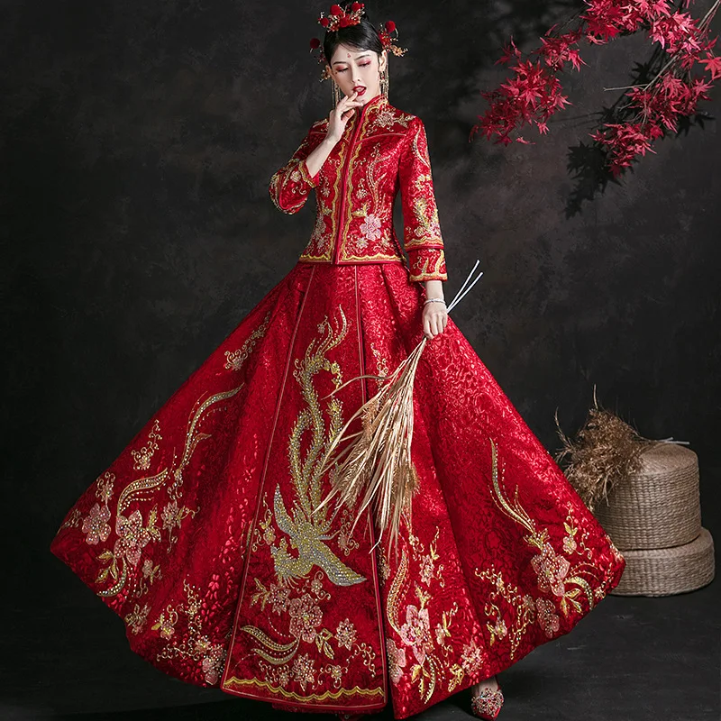 

Изысканная вышивка Феникса FZSLCYIYI, Свадебный Чонсам в китайском стиле для невесты, традиционная Длинная женская одежда
