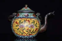 8chinese folk collection old bronze cloisonne enamel lotus flagon kettle teapot office ornaments town house exorcism
