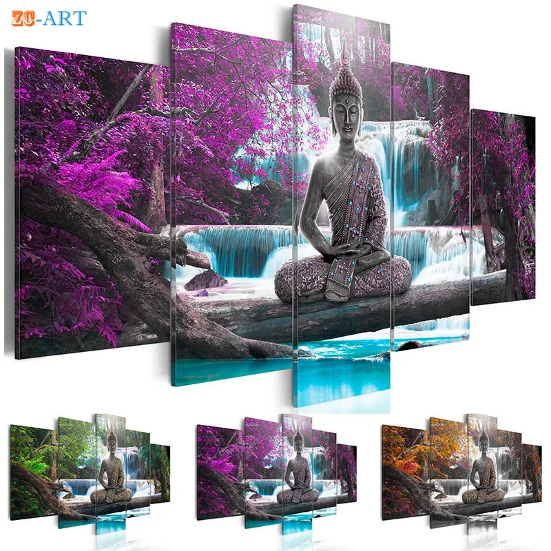 

Buddha Statue Art Prints Waterfull Poster Canvas Art 5 Pieces Modular Pictures Modern Nature Wall Art Living Room Home Decor