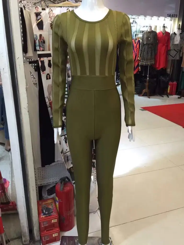 

New Celebrity Long Sleeve Green Black Hollow Out Bandage Jumpsuit Top Quality Evening Party Jumpsuit