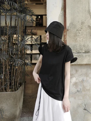 

Women Black Shaped Cuff Big Size Leisure T-shirt New Round Neck Short Sleeve Fashion Tide Spring Summer 2020 1W537