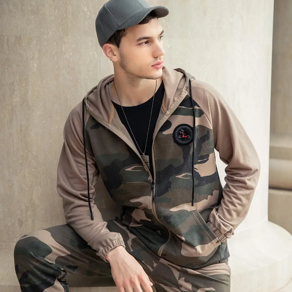 

New Men Tracksuit Autumn Winter Warm Hooded Sweatshirts+Camoflage Pants Zipper Jogging Suit Sets Active Clothes Sportswear 2020
