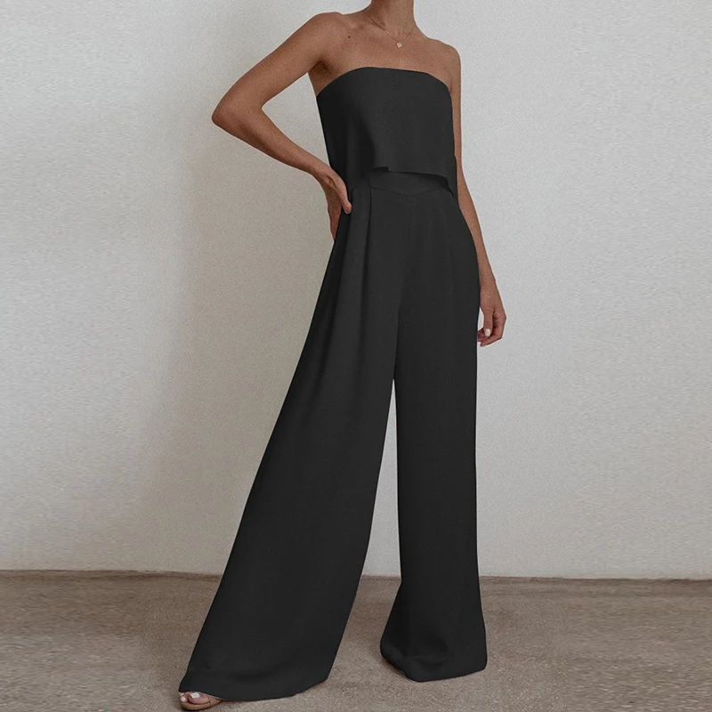 

2021 Spring Casual Solid Suits Sexy Off Shoulder Tube Top + Loose Wide Leg Pants Office Lady Fashion Summer Women Two Piece Set