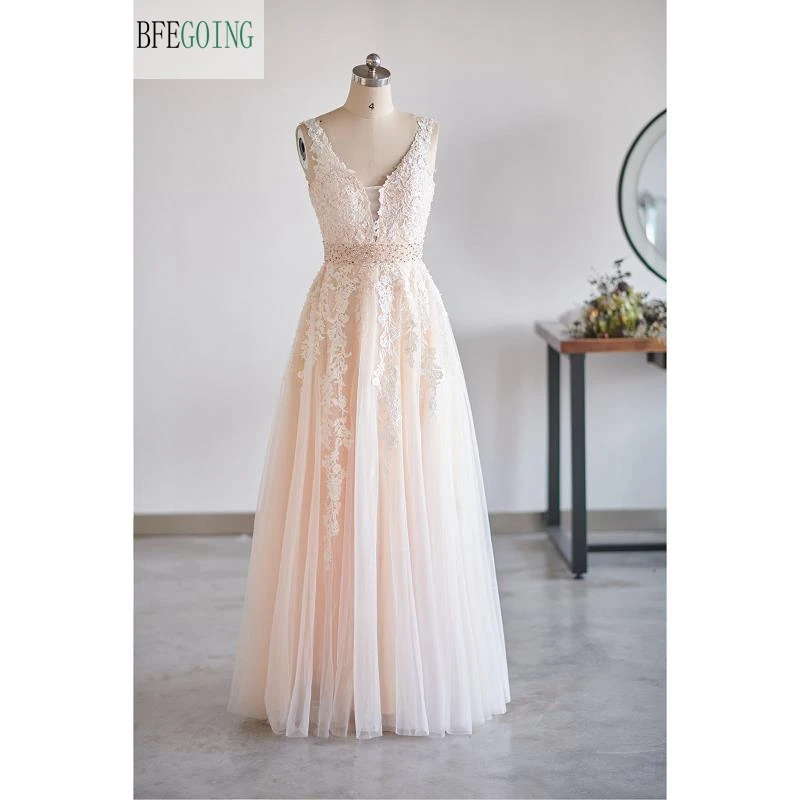

Ivory Lace Appliques Champagne Satin Beading Belt V-Neck Floor-Length A-Line Wedding Dress Custom Made